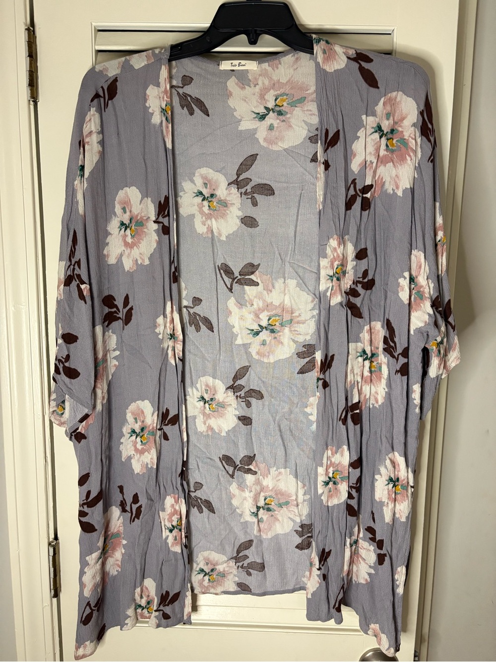 Floral Open-Front Kimono Cardigan - Lavender with Blush Flowers